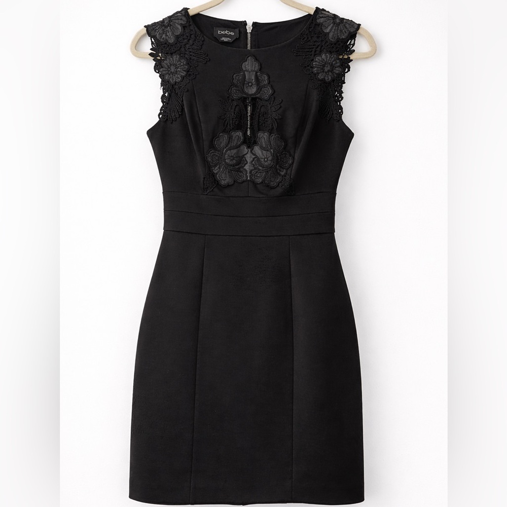 Bebe Black Lace Appliqué Sheath Dress Sleeveless Cocktail Party XS